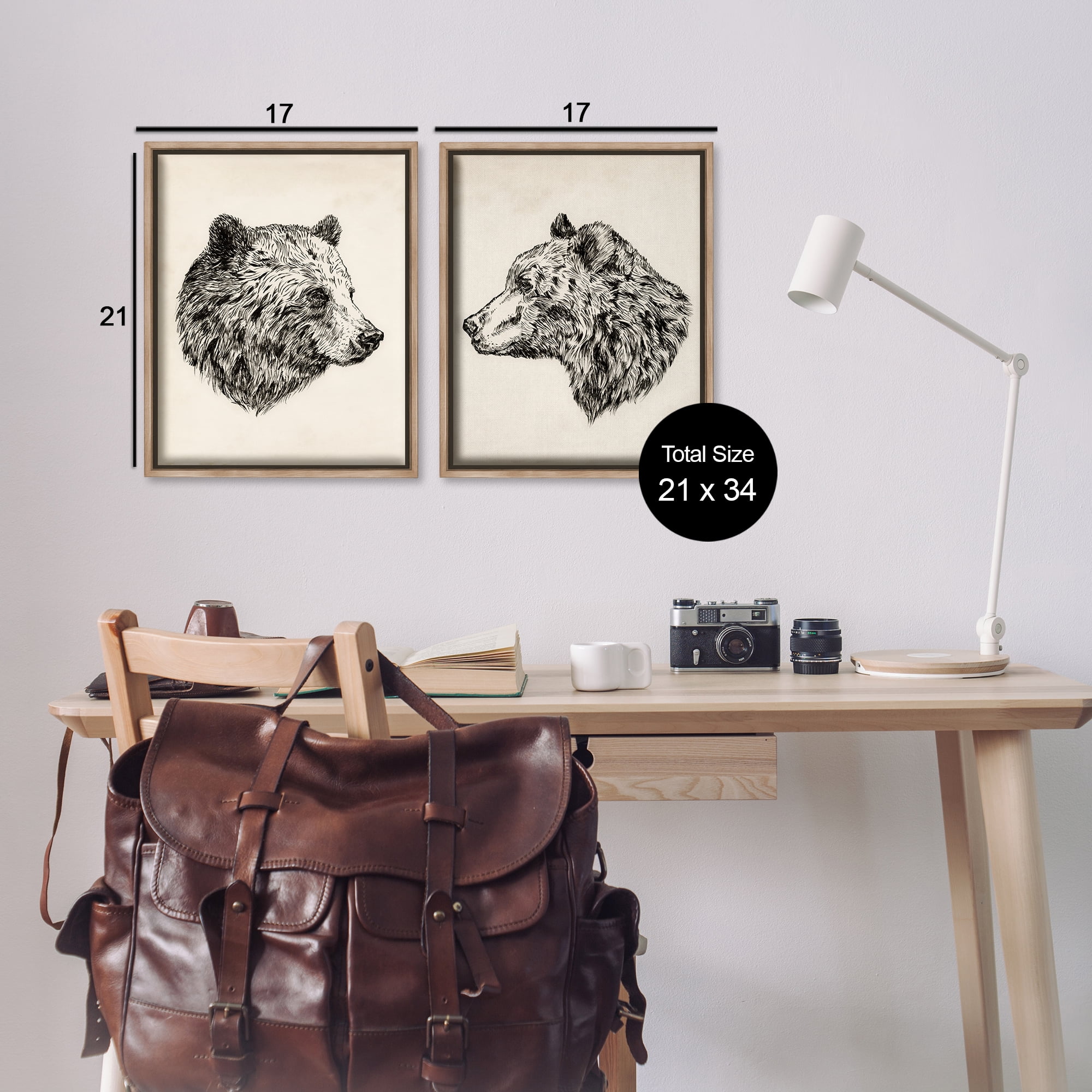 Stupell Industries Portrait Brown Bear Animal Animals Drawing Brown Floater Framed Canvas Art Print Wall Art, 17 x 21, Set of 2