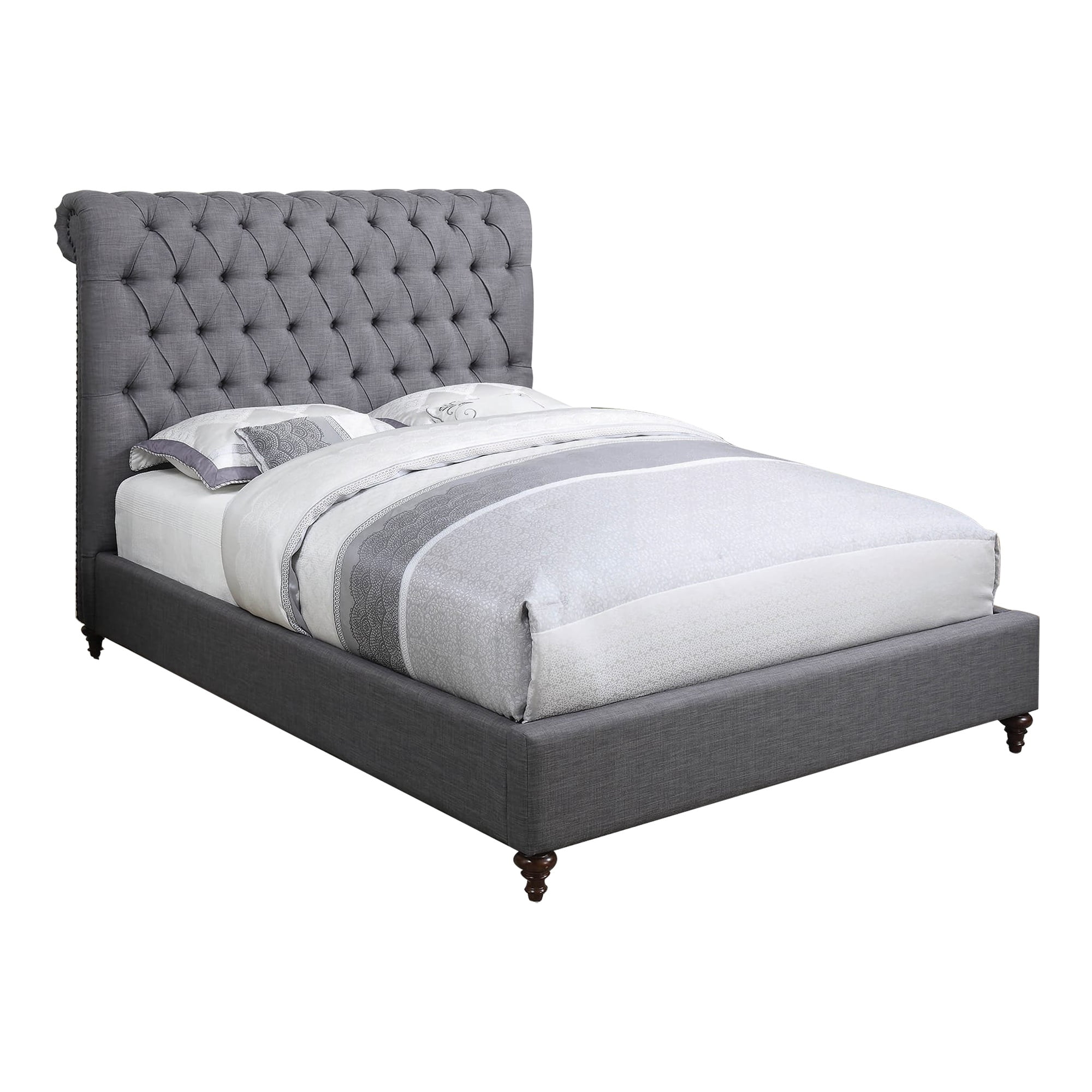 Fabric Upholstered Wooden Full Bed with Button Tufted Headboard, Gray
