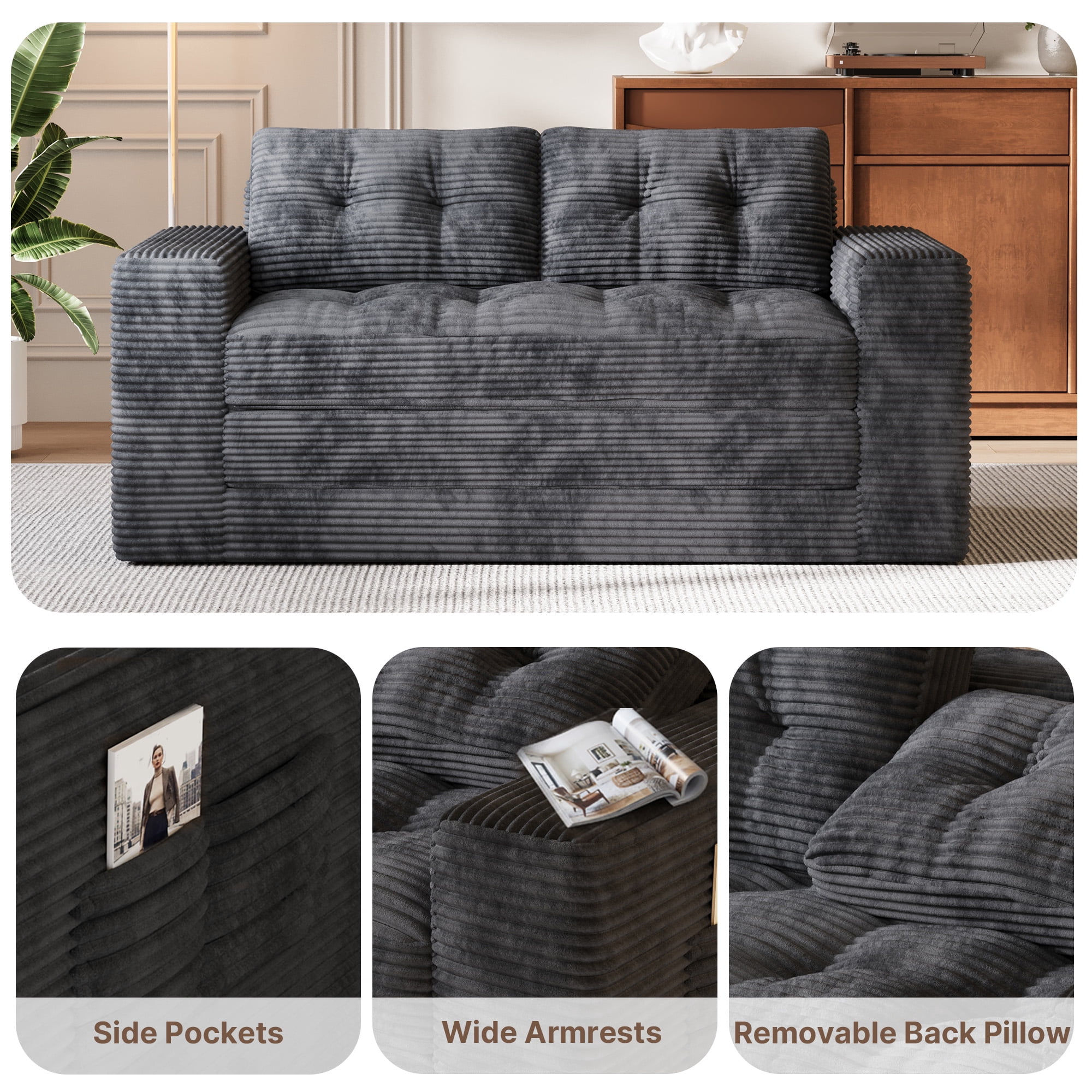 Boneless Loveseat, Lofka 59''Folding Floor Sofa Bed with 2 Pillows & Pockets for Small Spaces, Corduroy Cloud Sofa for Apartment Living Room, Gray