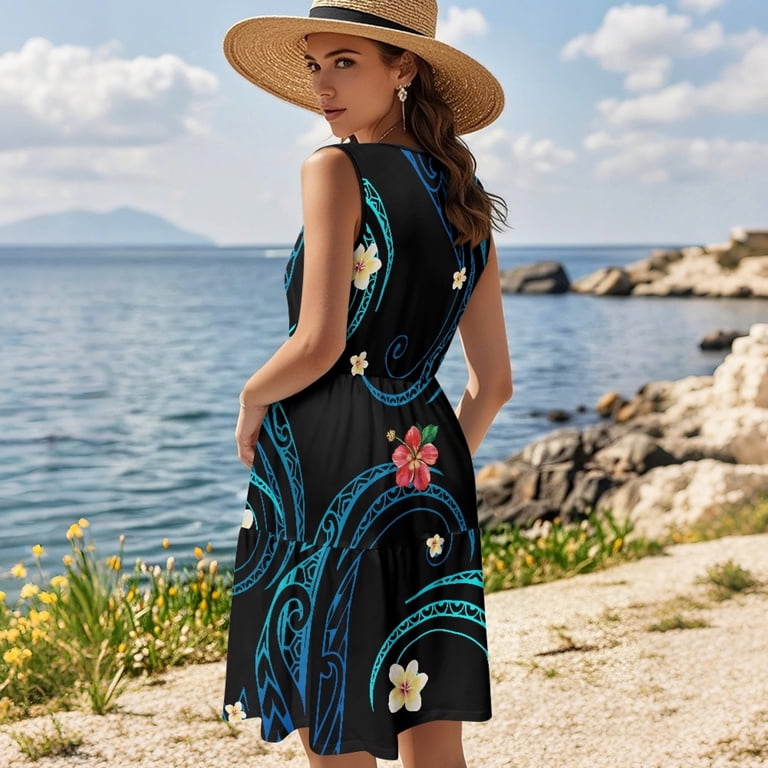 polyester beach dress Binienty Casual for Vacation Travel, Spandex Flared Tiered Ruffle Swing Mini Dress, Hibiscus Print, Women's, Size: 3XL neck:18 neat look Saladana Maxi Dress shir-ig