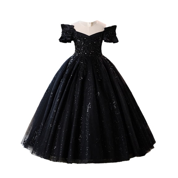 EnJoCho Girls Sequins Wedding Dress Short Sleeve Crewneck High Waist Swing Tulle Evening Princess Dresses 3 to 14Y Teenage Wedding Dress Fl𝗈wy