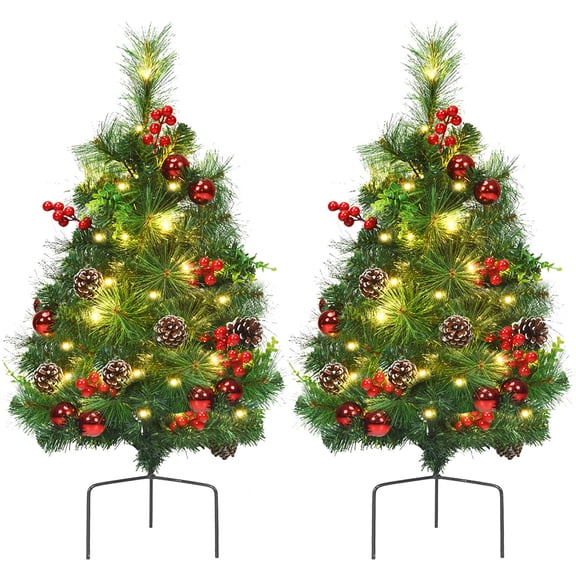 Costway Set of 2 Pre-lit Christmas Trees 24in Battery Powered Pathway Outdoor Decoration