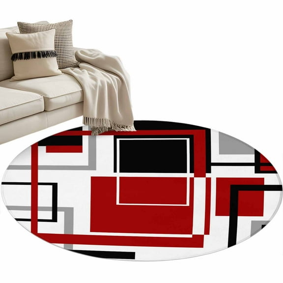 Red Black Geometric Round Area Rug 4 FT, Non Slip Indoor Outdoor Rug, Contemporary Gray Abstract Stripes Washable Soft Circular Carpet Non-Shedding Floor Mat for Coffee Table Nursery Foyer Balcony