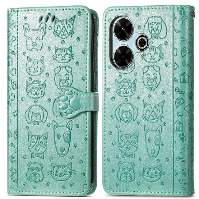 Funda Cartera FOXDOCK para Xiaomi Redmi 13 4G , Flip PU con Relieve de Gatos y Perros, Tarjetero y Soporte