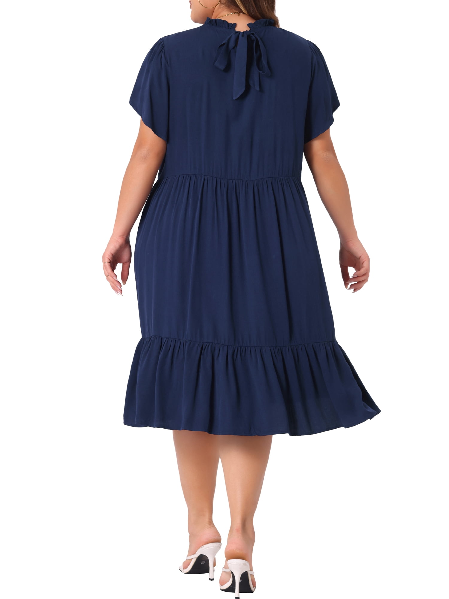 DARING DIVA Women's Plus Size Tie Back Boat Neck Midi Length Dress 1X Navy Blue