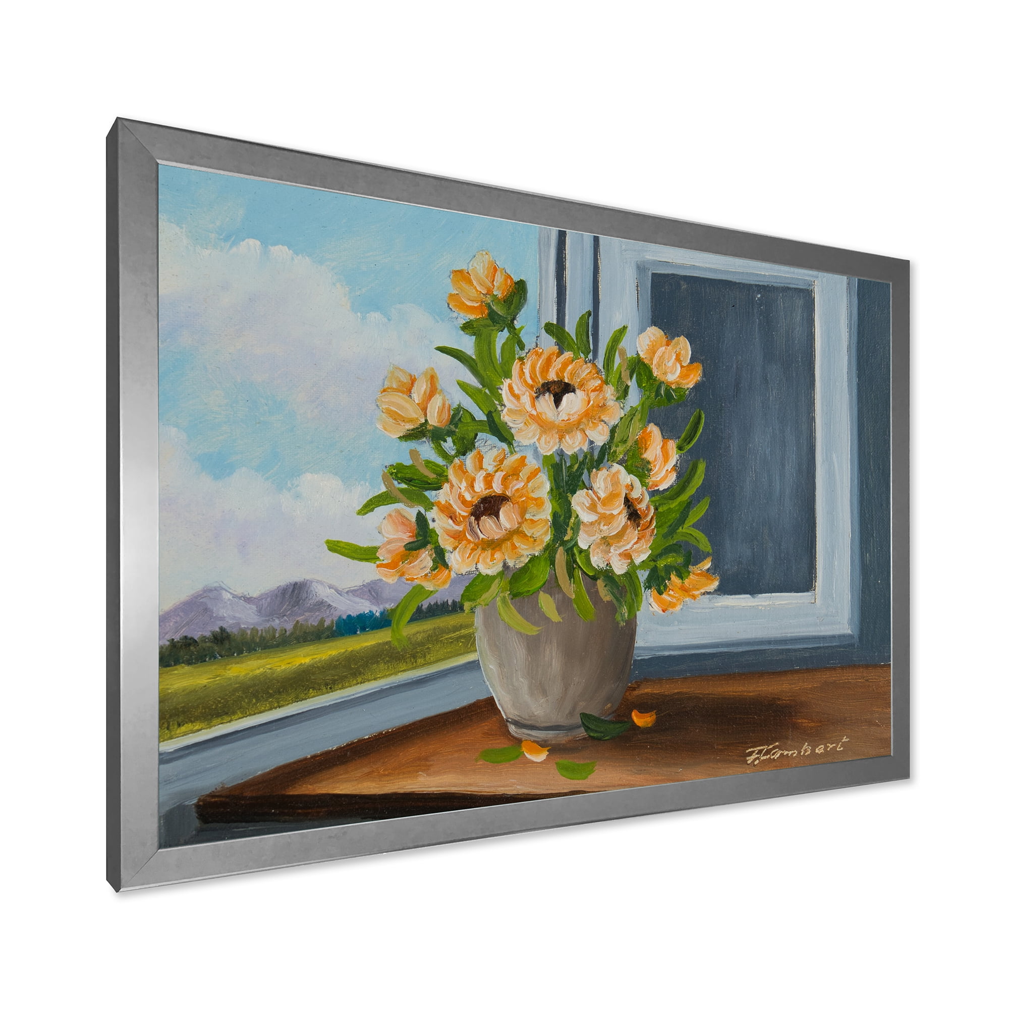 Designart 'Still Life With Orange Flowers In Vase At The Window' Traditional Framed Art Print