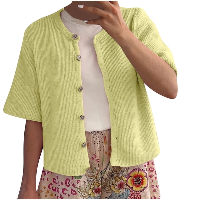 WRKEKC Cardigans pour Femmes Couleur Unie Col Rond Bouton Manches Mi-Longues Décontracté Ouvert Tricoté Haut pour Femmes Automne Hiver Tenues Tendance