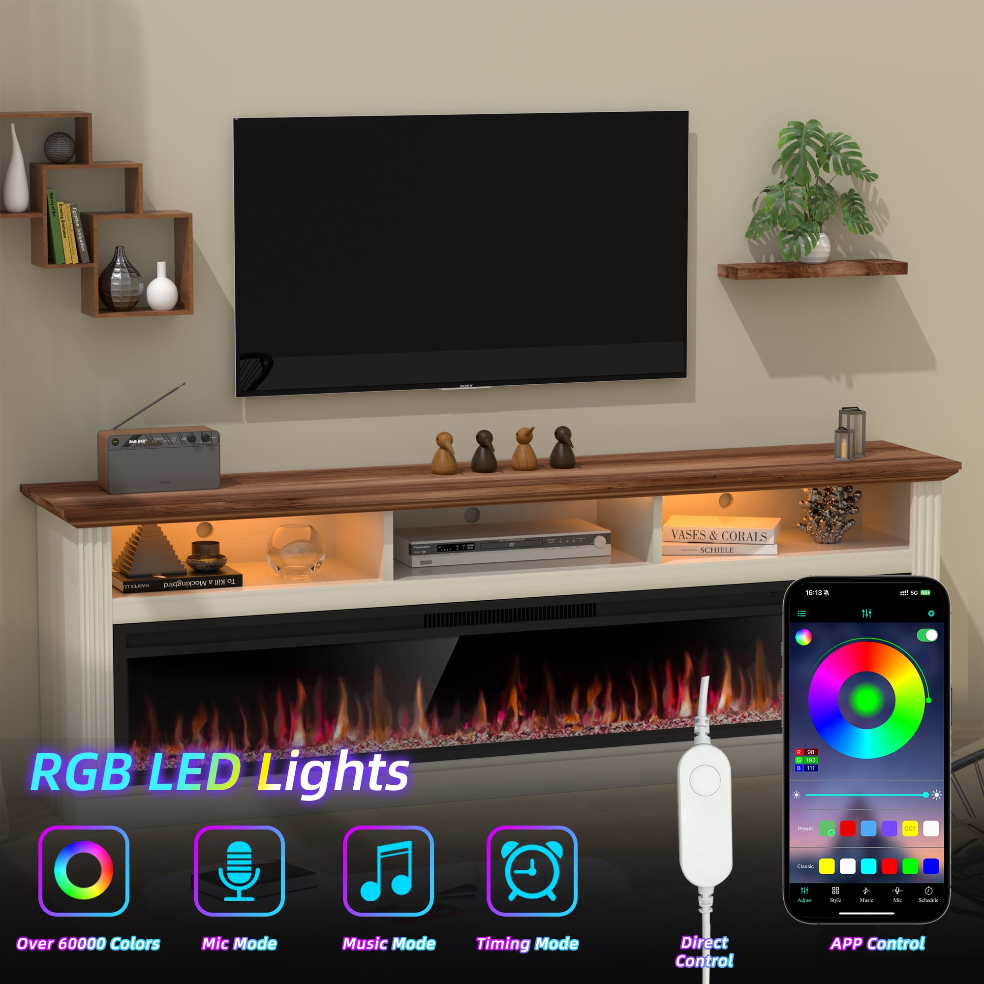 HARIPUL 58" Fireplace TV Stand for TVs Up to 65" with 52" Electric Fireplace,White Entertainment Center with Storage Cabinets,Led Light TV Consoles for Living Room,White/Crystal Fireplace