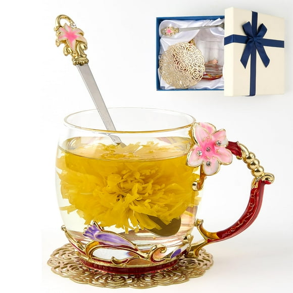 Taza de té con forma de flor AISVELDY, de cristal transparente con cuchara, caja de regalo