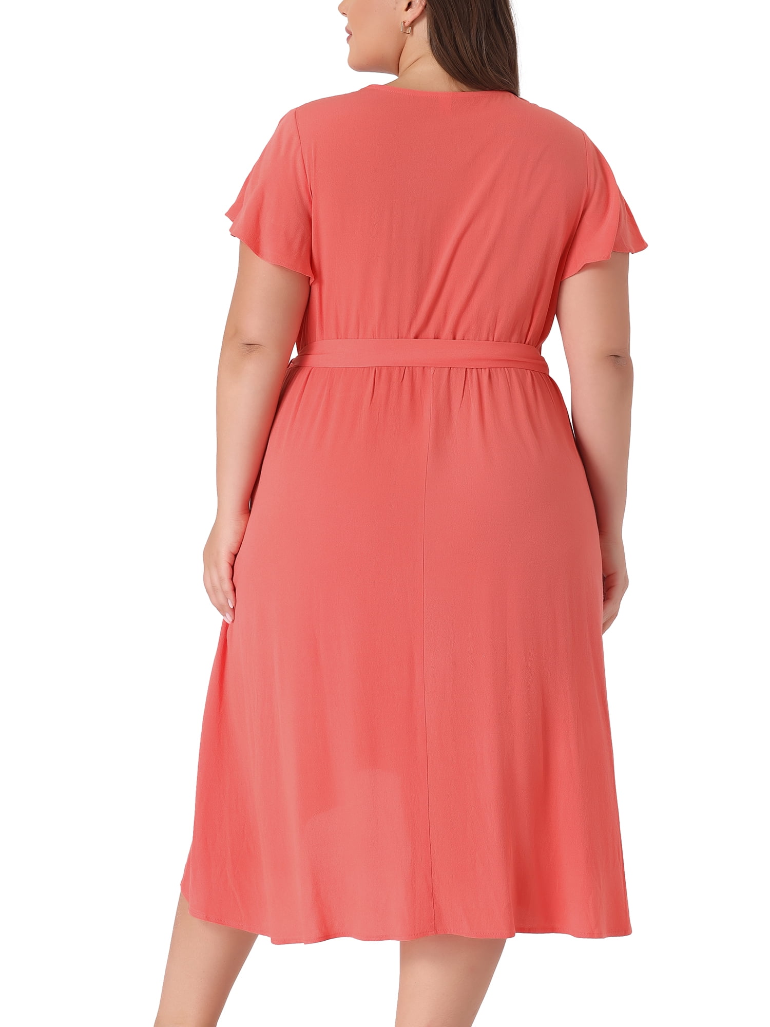 DARING DIVA Plus Size Boho V Neck Short Sleeve High Low Midi Dress 1X Orange Pink