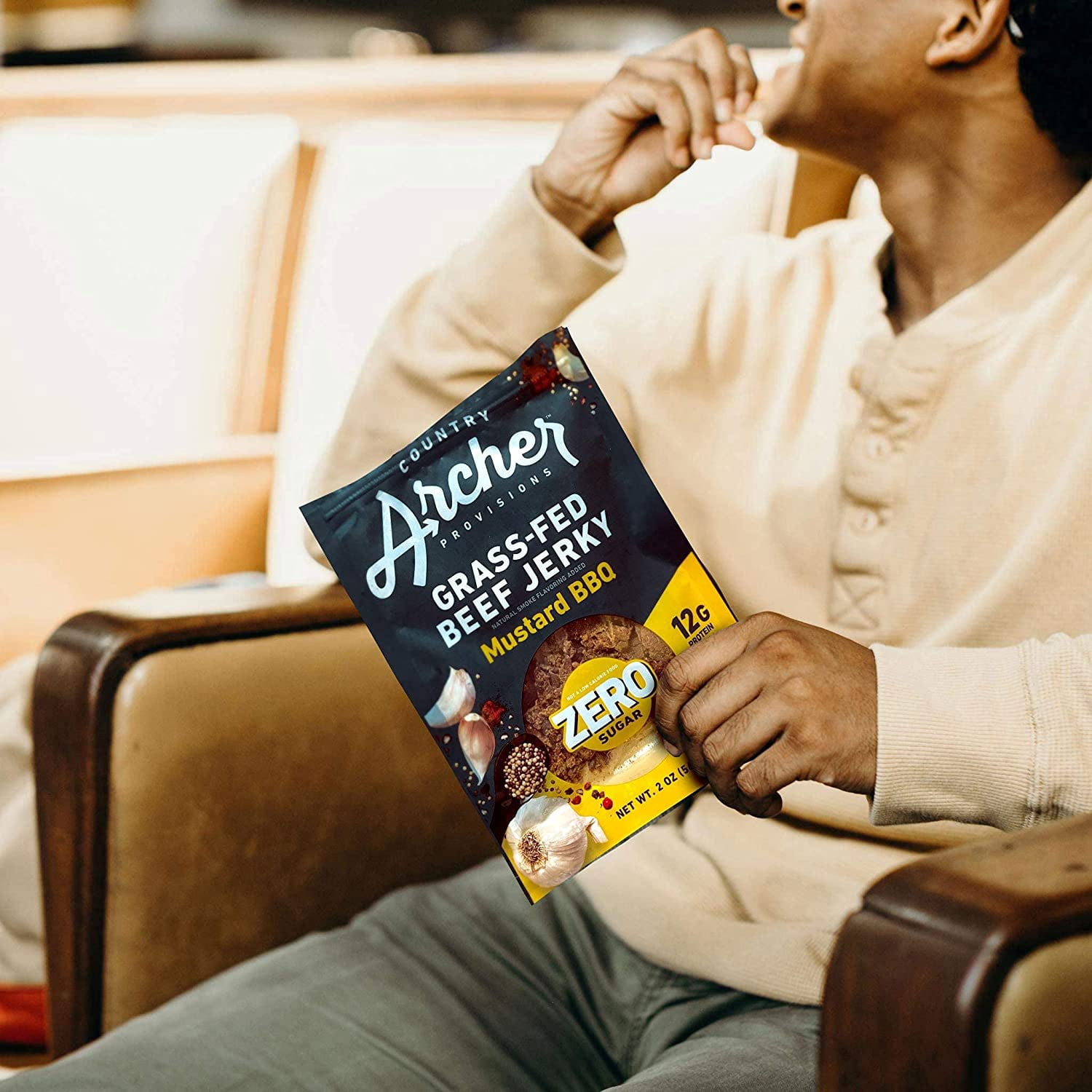 Zero Sugar Mustard BBQ Beef Jerky by Country Archer | 100% Grass-fed, Sugar-free Beef Jerky | Keto, Low Carb, Protein Snacks | 2 Ounce (6 Pack)