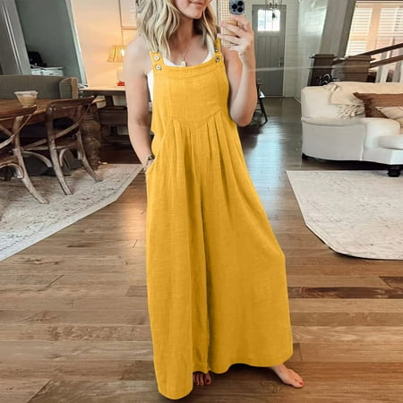 

Strungten Women s Summer Casual Solid Color Loose Retro Cotton Linen Overalls Jumpsuit womens jumpsuits
