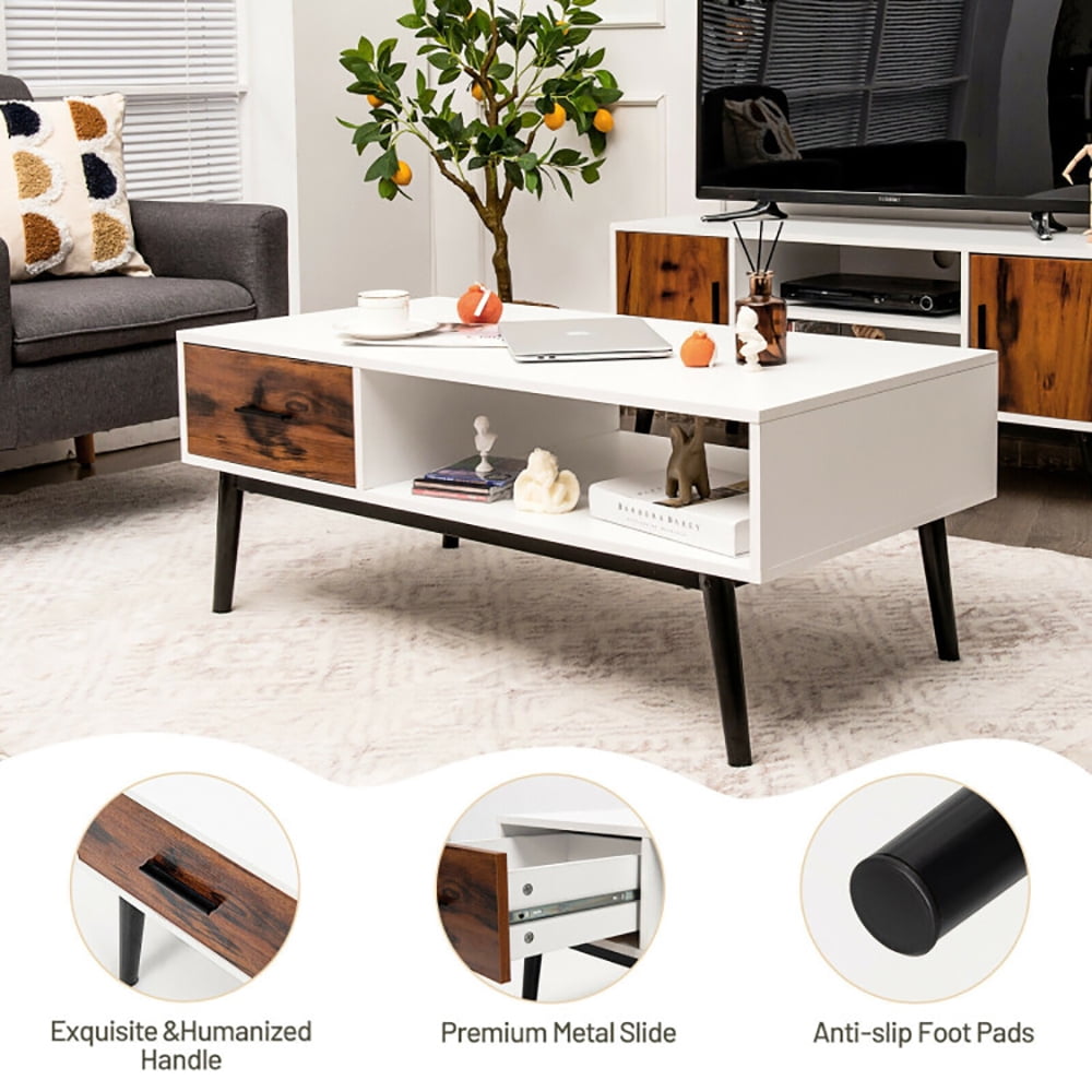 Finihen Wooden Coffee Table, Rectangular Coffee Table, Rectangular Wooden Coffee Table with Drawer and Open Storage Shelf, for Living Room, Reception Room, Office, White