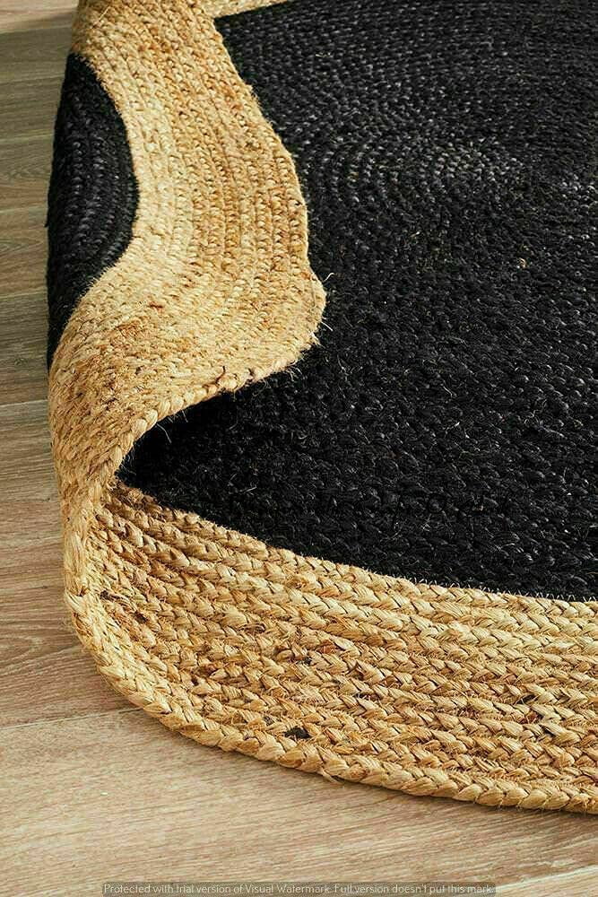 Natural Jute Rug Hand Braided Round Area Rug Handmade Rug for Home Decor (7 Feet Round (84x84 Inches), Black + Beige Border)