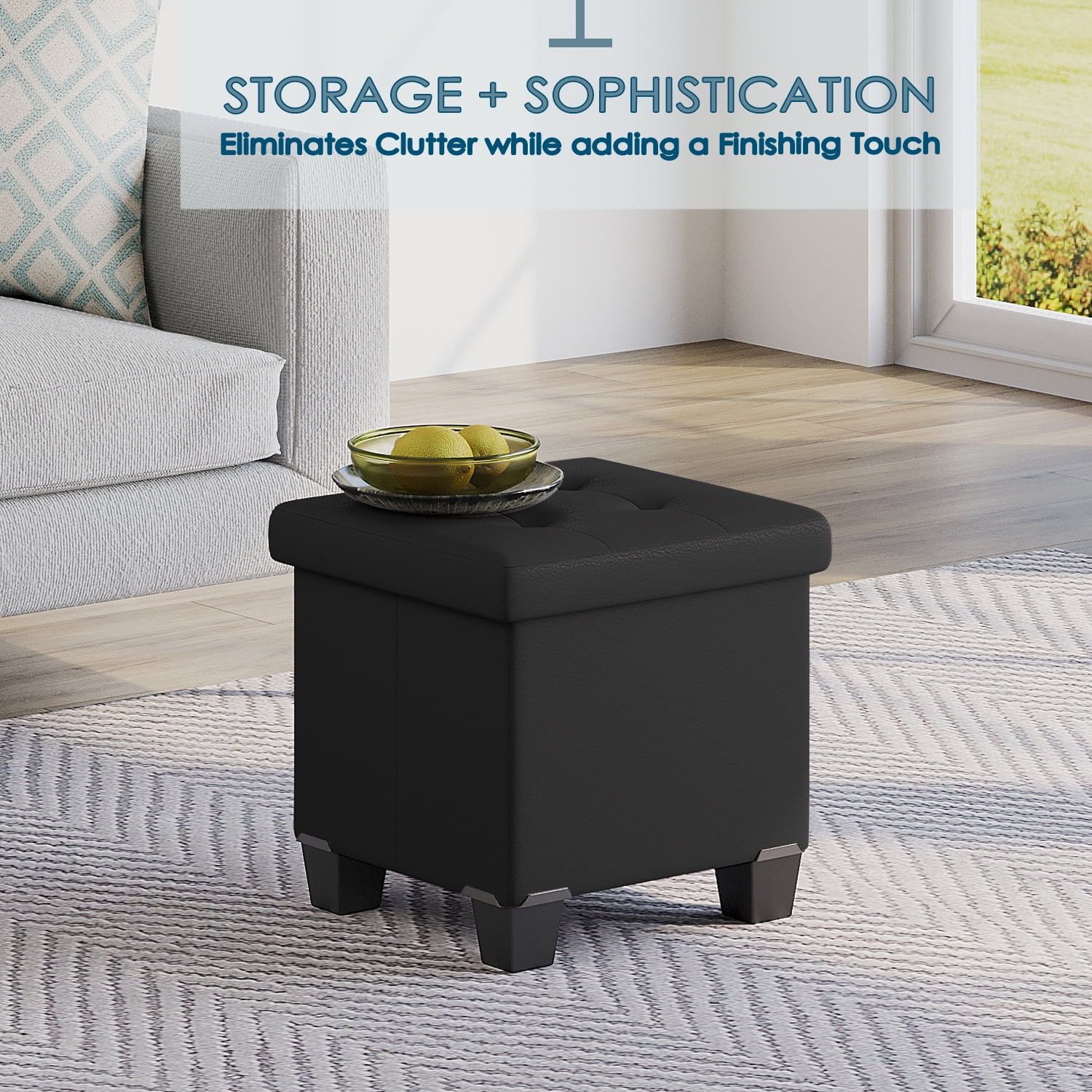 StorageBud Ottoman with Storage Bench, 15-inch Foot Stool Storage Ottoman, Leather, Black