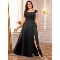 thumbnail image 6 of Black Plus Size Sleeveless Sequin Lace Bodice Satin A-Line High Slit Formal Evening Gown, 6 of 7