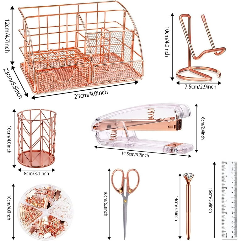 Famassi Rose Gold Desk Accessories,Office Supplies Set Acrylic Stapler Set Staple Remover, Tape Holder, 2 Ballpoint Pen, Scissor, Binder/Paper Clips