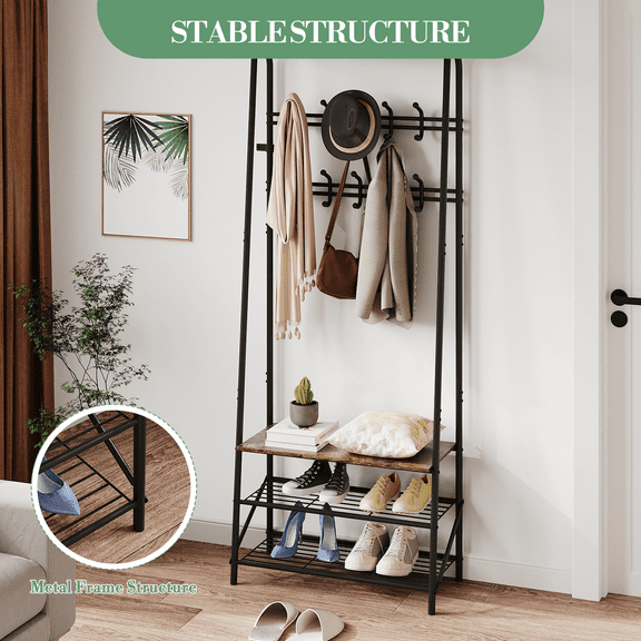 Hall Tree with 5 Hooks, 4-In-1 Entryway Coat Rack and Shoe Storage Bench, Sturdy Metal Frame Multi-Functional Hallway Organizer with Storage, Industrial Accent Furniture for Living Room