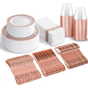 350PCS Rose Gold Plastic Plates With Disposable Plastic Silverware& Napkins- Rose Gold Rim Plastic Dinnerware Lace Design For Mother's Day, Wedding