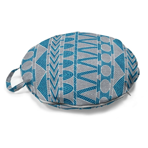 Ethnic Round Floor Cushion with Handle, Classic Greek Art Deco Style Geometric Aztec Folk Motifs Hippie Boho, Pillow for Living Room & Dorms, 18" Round, Taupe Grey and Sea Blue, by Ambesonne