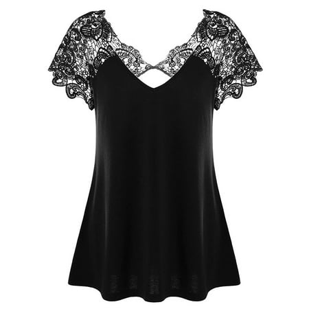 - Plus Size Cutwork Lace Trim T-Shirt