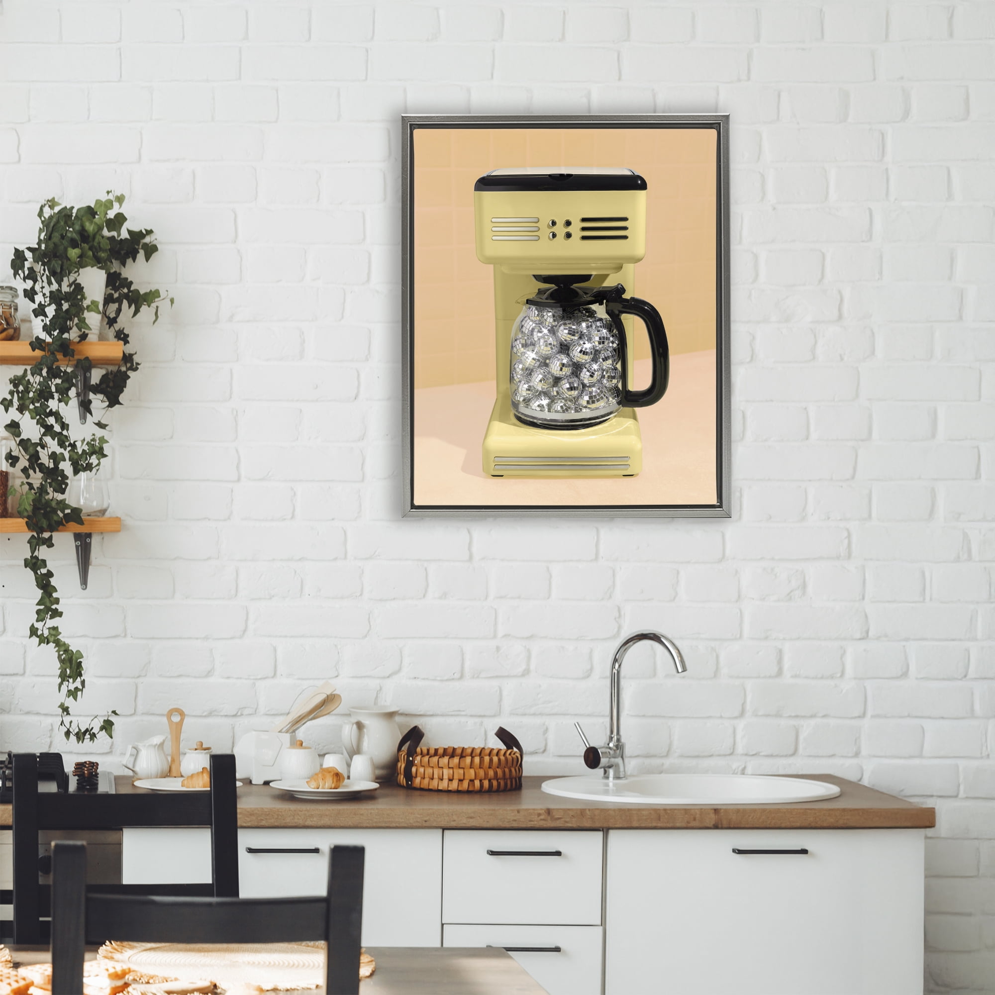 Stupell Industries Disco Coffee Maker over Yellow Gray Framed Floater Canvas Wall Art, design by LISH Creative