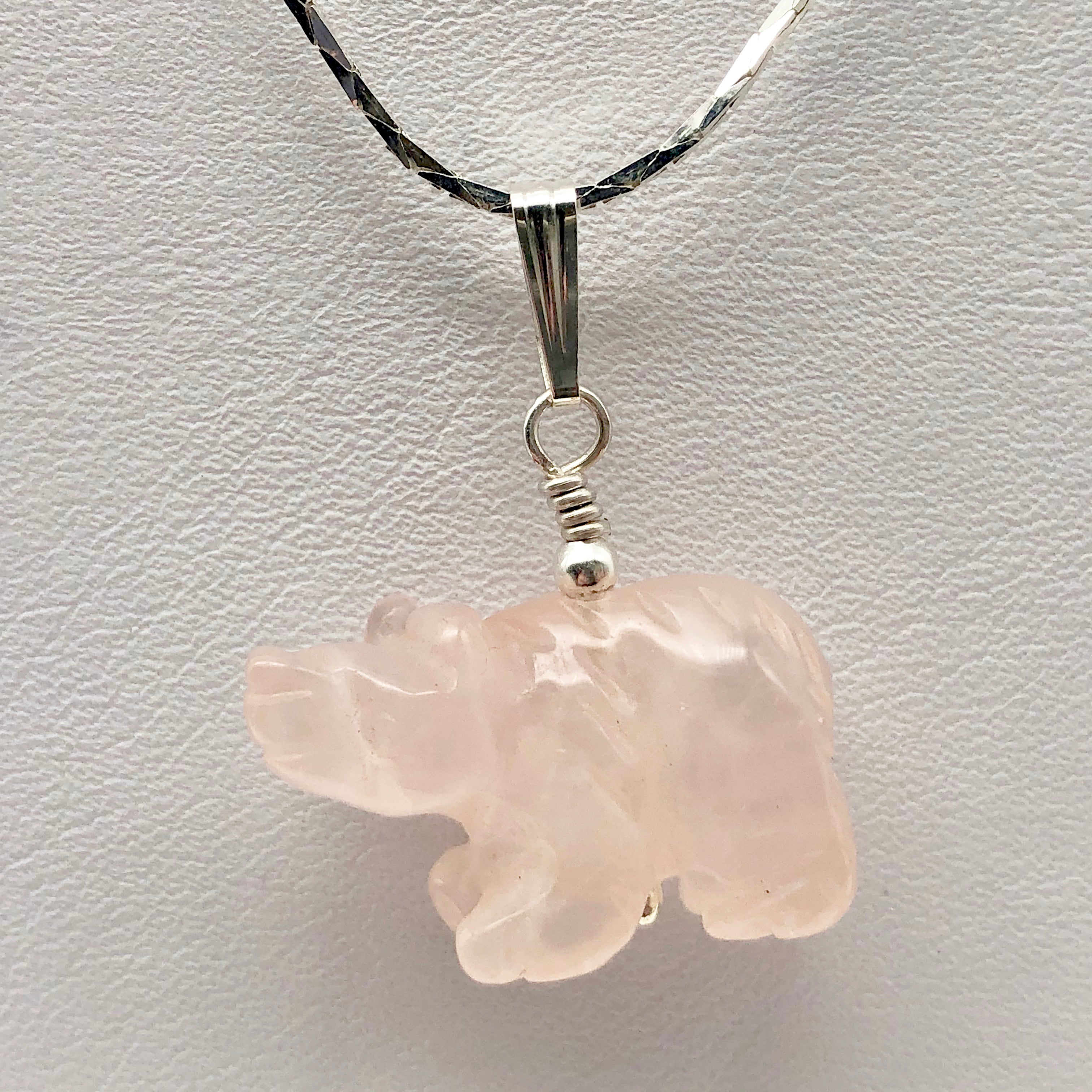 Semi Precious Stone Jewelry Rose Quartz Bear Pendant Necklace Silver Pendant
