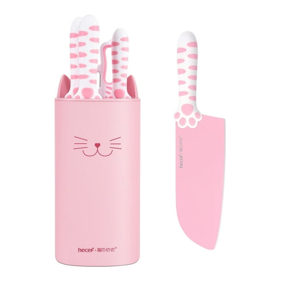 Hecef 5-Piece Knife Set with Block, Scissors, Cute Cat-Shaped Pink Extra Sharp Chopping Cooking Chef Knives
