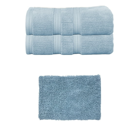 Home Weavers Double Ruffle Collection 100% Soft Cotton Super Absorbent 2 Pcs Bath Towel Set & 1 Pc 17x24" Bath Rug, Machine Washable & Non Slip (Set of 3), Blue