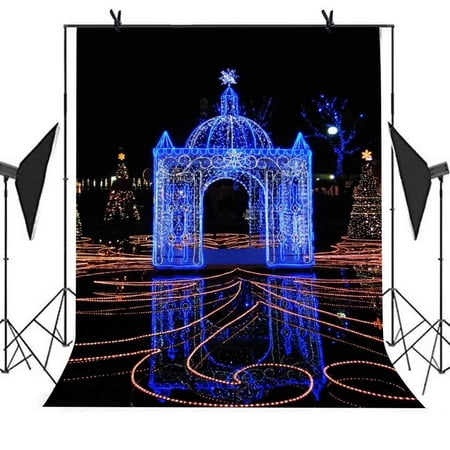 Image of 5x7ft City Night Scene Backdrop Blue Lights Make Up Architectural Lights Illuminate Square Trees Background Photo Booth Studio Props Party Curtains Backdrop