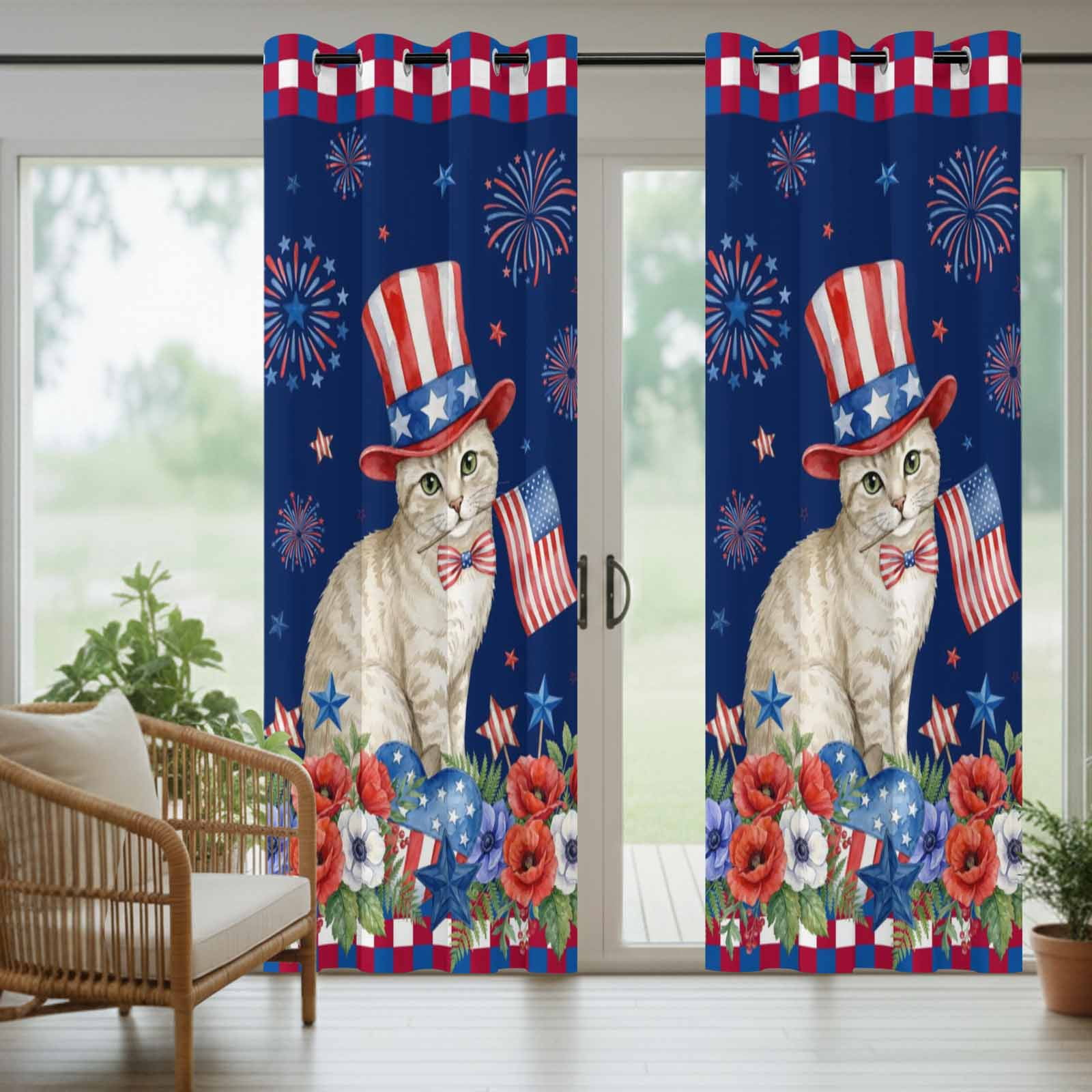 Independence Day Outdoor Curtains for Patio, Cartoon Golden British Shorthair Colorful Poppy Sunshade Privacy Drapes Grommet Waterproof Outside Curtains for Porch/Cabana/Balcony 54"x 108", 1 Panel