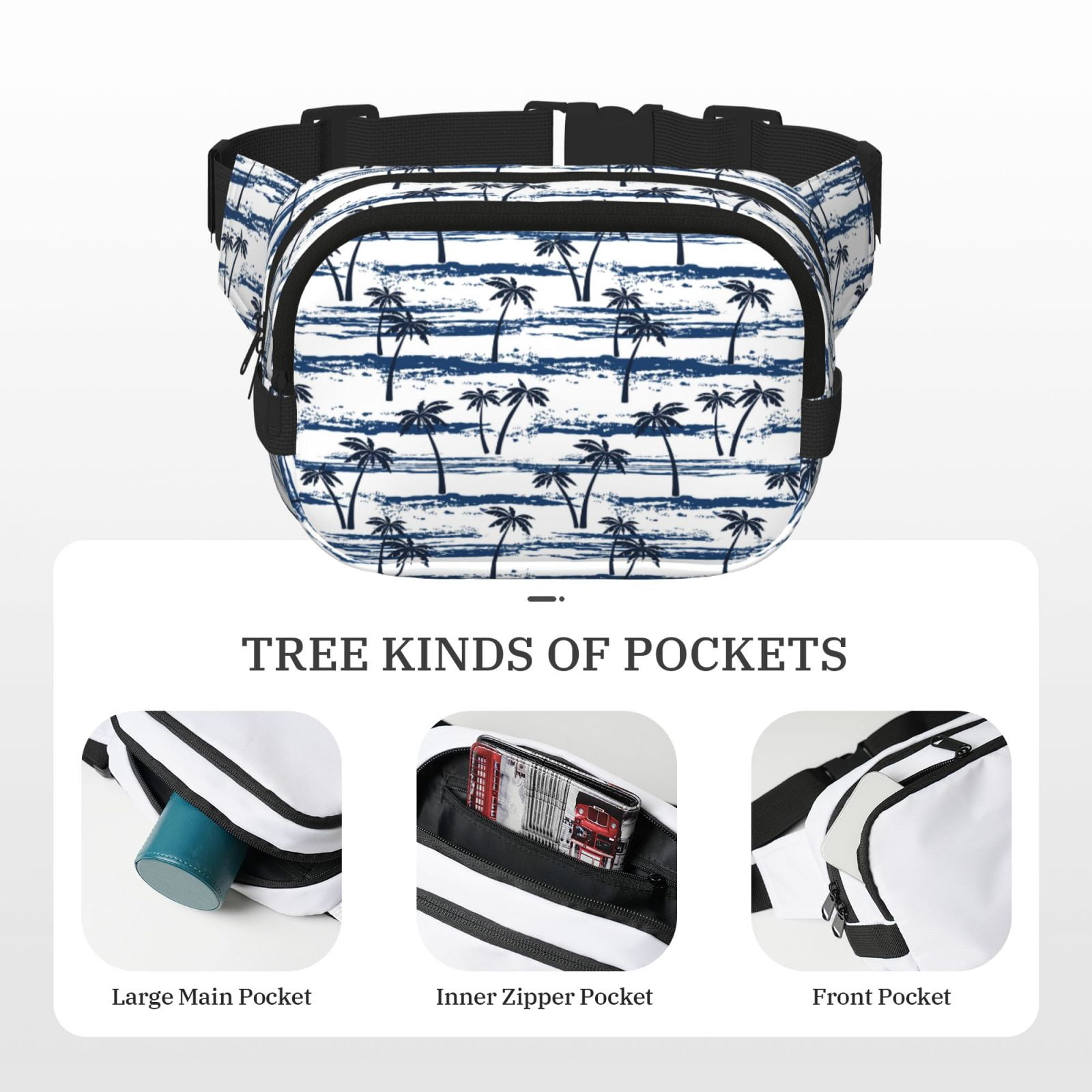 Picia Retro Coconut Tree Print Square Double-Layer Waist Bag Mini Adjustable Waist Belt Bag Exercise Running Travel Hiking