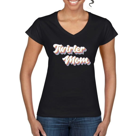 Wild Bobby Twirler Mom Girl Sports Women Standard V-Neck Tee, Black, Small