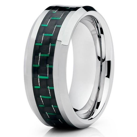 9mm Polished Silver Tungsten Carbide Wedding Band Green Carbon Fiber Center Mens Comfort Fit Ring 10