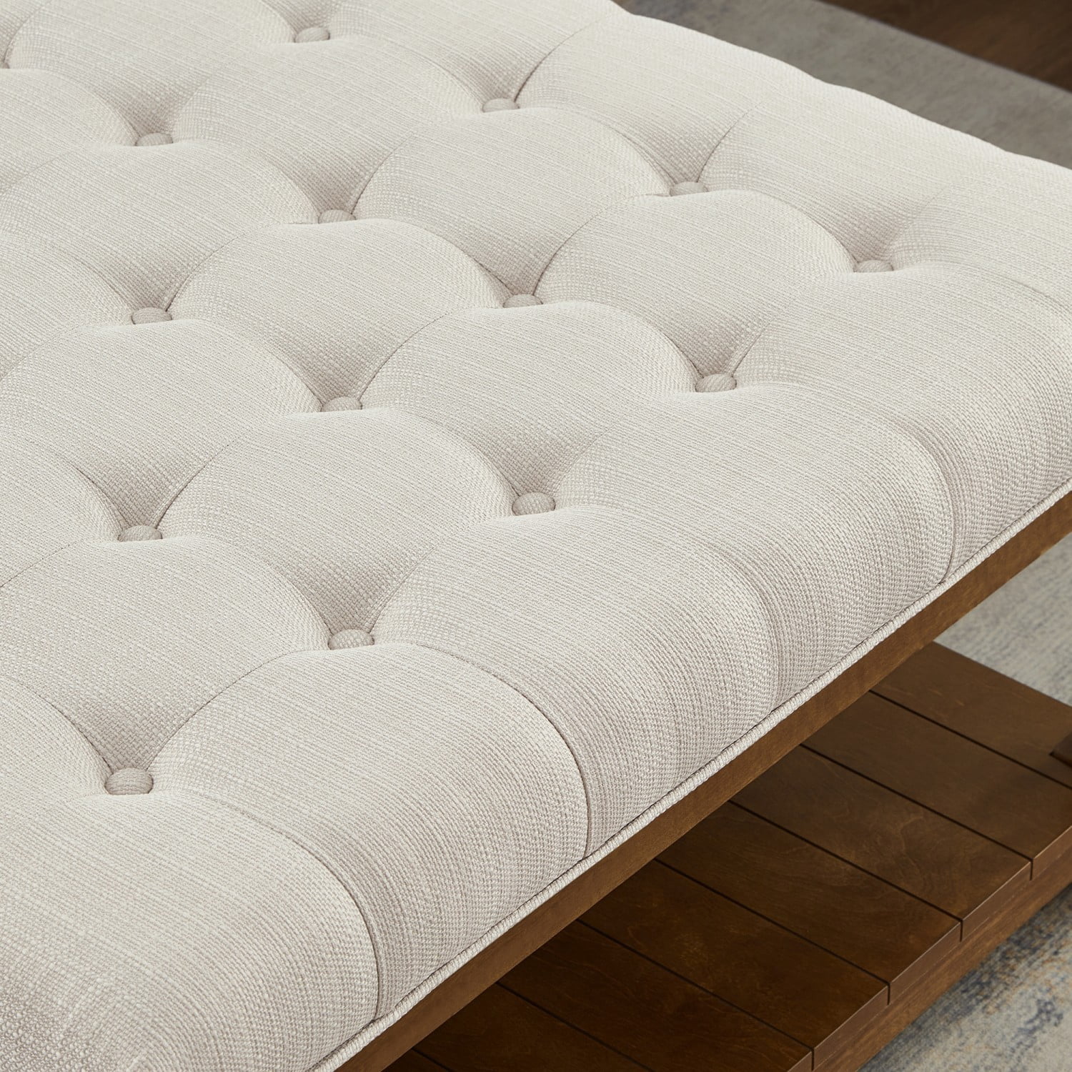 Large Square Tufted Linen Ottoman Coffee Table, Upholstered Footrest with Solid Wood Storage Shelf, Ivory Living Room Center Table