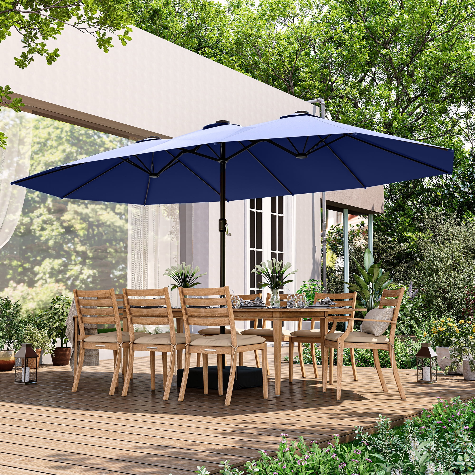 LAUSAINT HOME 15ft Double Sided Patio Umbrella with Base & Lights for Garden, Poolside, Navy Blue