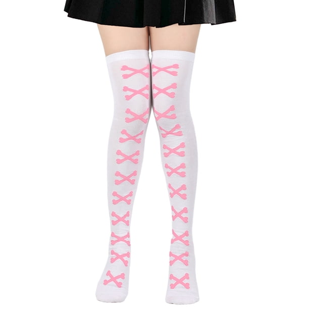 Nvzi pares de medias largas hasta el muslo para Halloween, medias por encima de la rodilla, calcetines para festivales de cosplay, hueso blanco y rosa