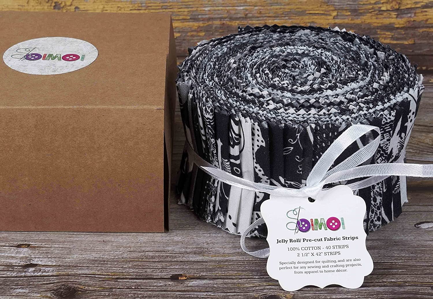 Soimoi 40Pcs Floral Artistic Print Cotton Precut Fabrics For Quilting Craft Strips 2.5x42inches Jelly Roll - Black
