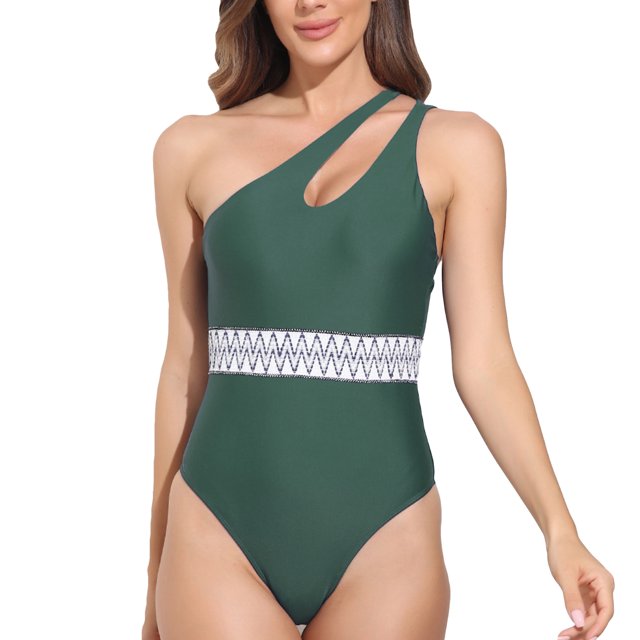 Mujeres una pieza traje de baño un hombro inclinado hombro cintura correas costura una pieza traje de baño bikini verde M