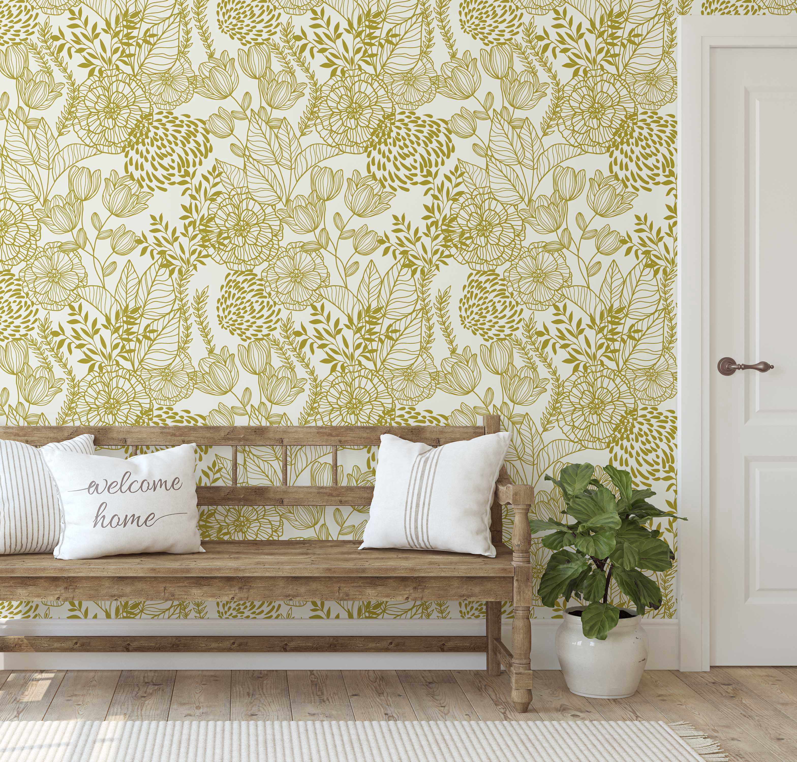 S4Sassy Peel and Stick Wall Covering, Floral Garden Wallpaper Removable Wallwrap - Yellow Instant Wall Mural for Bedroom, Bathroom, Laundry Room, Closet Interior (25"x60" inch)
