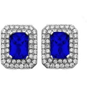 Platinum-Plated Sterling Silver Cushion-Cut Blue Obsidian Pave CZ Earrings