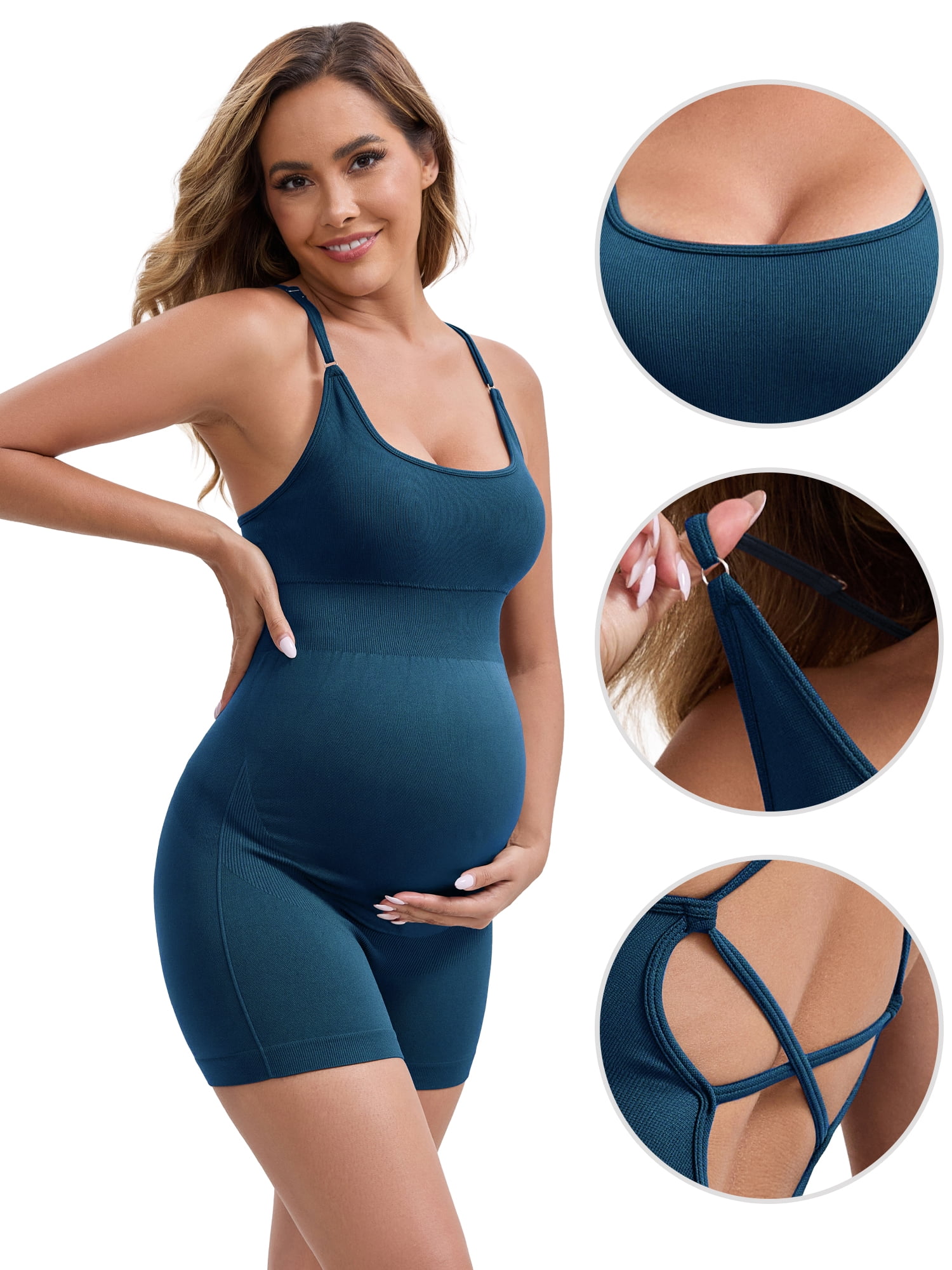 DARING DIVA Maternity Bodysuit Sleeveless U Neck Tank Top Shapewear Shorts L Blue