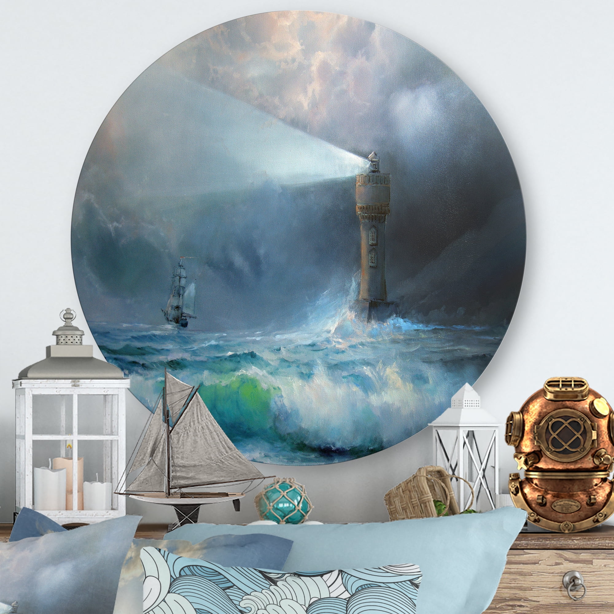 Designart 'Lighthouse Shining Light During Stormy Clouds Night II' Nautical & Coastal Circle Metal Wall Art 23x23 - Disc of 23