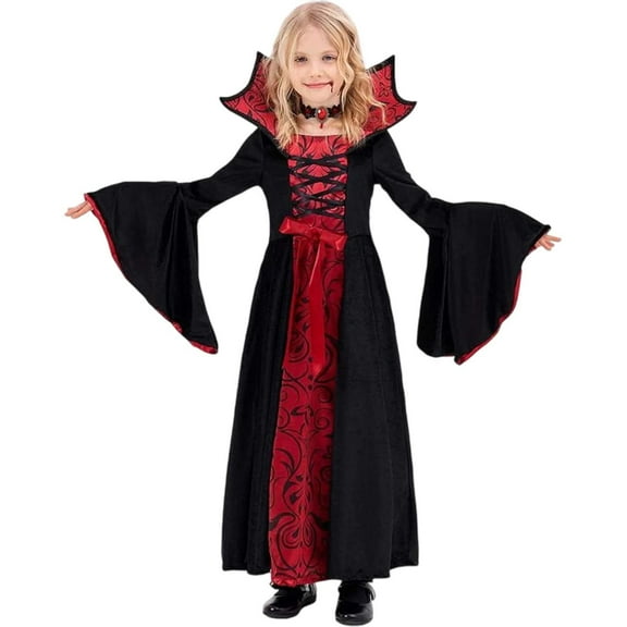 BOOMNY Halloween Girls Clothes Sets Funny Hallowmas Vampire Dress Up Mesh Tulle Dress With Necklace 2Pcs Stage Performance Outfits Cozy Halloween Clothing Set