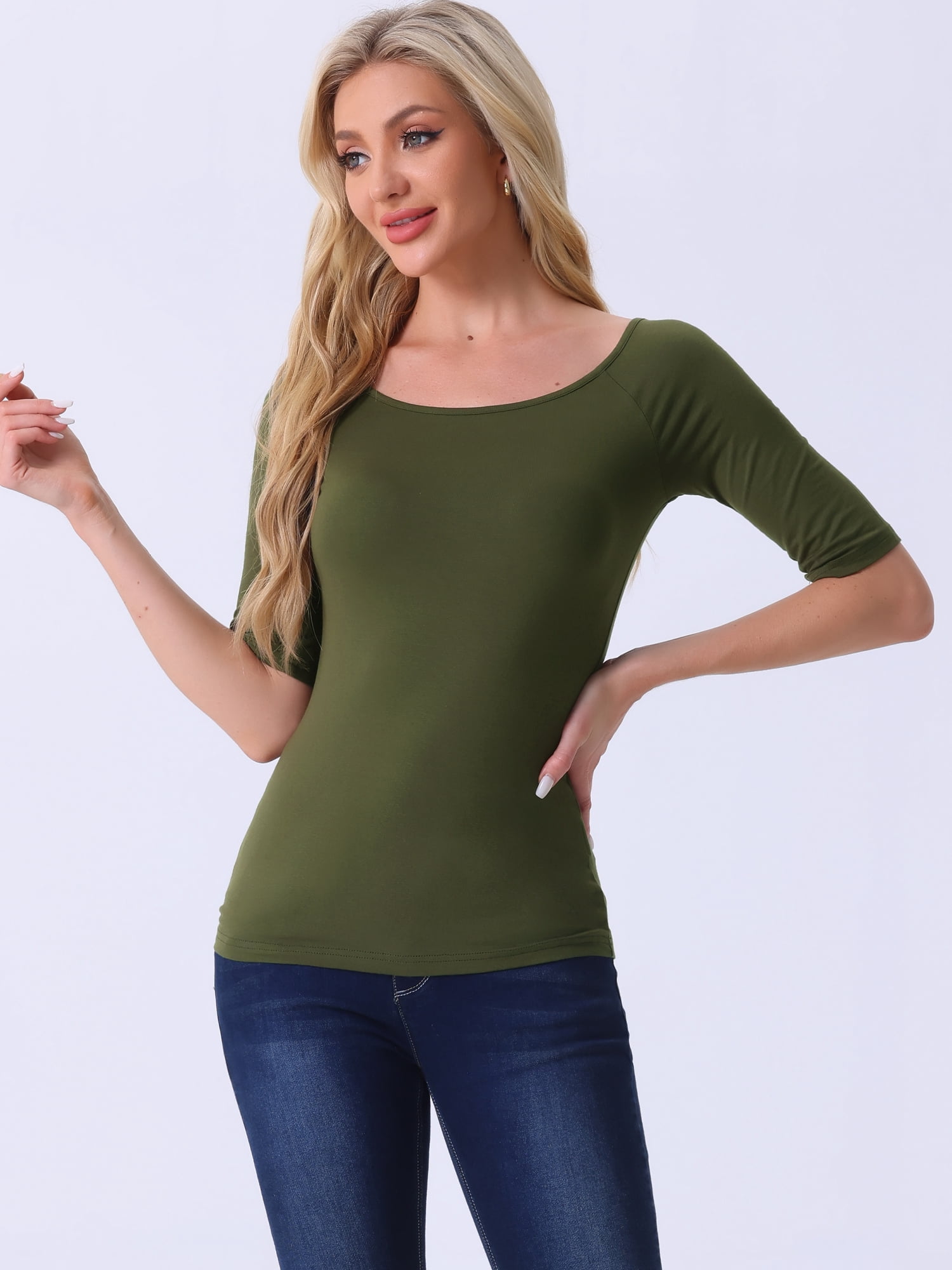DARING DIVA Women's Slim Fit Pullover Boat Neck Stretchable T-Shirt XS Army Green