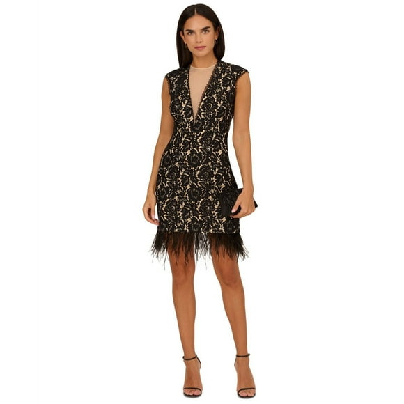 Adrianna Papell Robe Fourreau à Plumes pour Femmes, Noir, 6