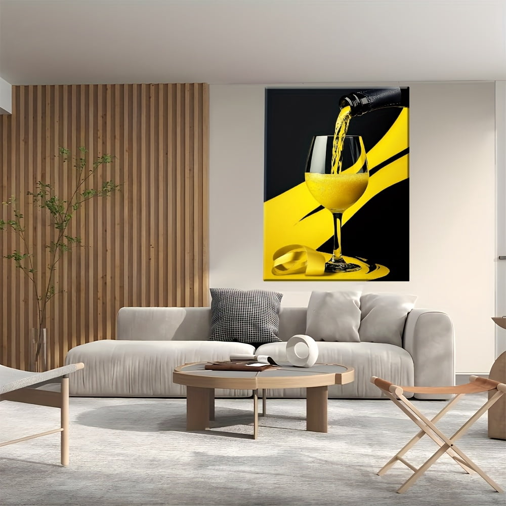 2D Flat, Modern Abstract Canvas Wall Art - Vibrant Yellow Liquid Pouring into Glass Painting with Bold Black & Yellow Contrast, Wrapped Wooden Frame, High-Quality Canvas Print for Living Room