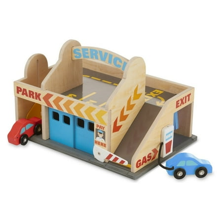 Melissa & Doug Service Station Parking Garage With 2 Wooden Cars and Drive-Thru Car (Best Wooden Toy Garage)