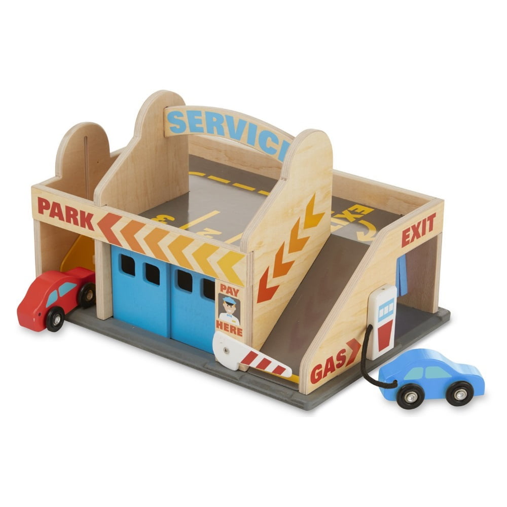 Melissa & Doug Service Station Parking Garage With 2 Wooden Cars and DriveThru Car Wash