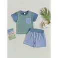 thumbnail image 2 of Bagilaanoe 2pcs Toddler Baby Boy Short Pants Set Contrast Color Short Sleeve Print T-Shirt Tops + Shorts 6M 12M 18M 24M 3T 4T Kids Casual Summer Outfits, 2 of 8